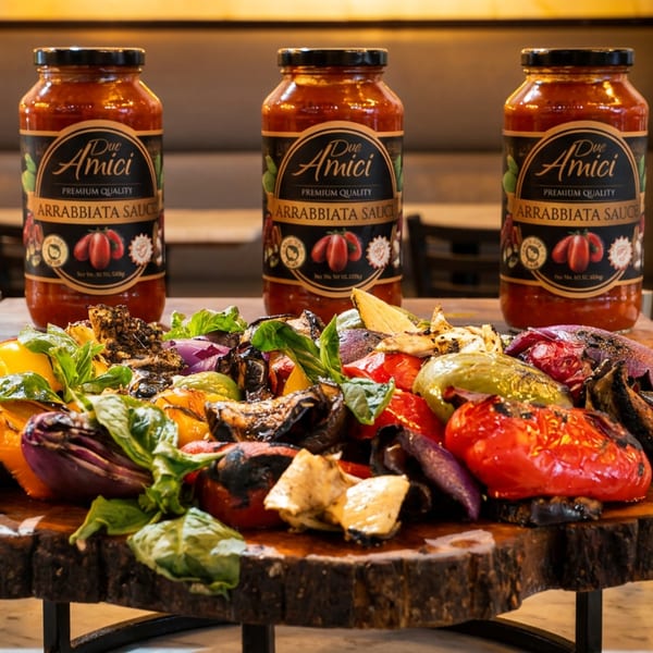 Three jars of Due Amici Arrabbiata Sauce behind a platter of grilled vegetables.